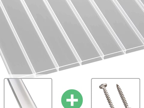 Montage-Set für Stegplatten inklusive klarer Polycarbonat-Platten, Aluminium Verlegeprofile und passenden Edelstahlschrauben zur sicheren Befestigung