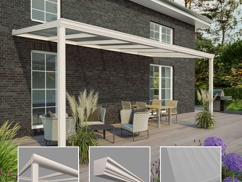 Moderne Terrassenüberdachung in Weiß mit Detailansichten der Anpassungsoptionen wie Dachneigung und Regenrinne