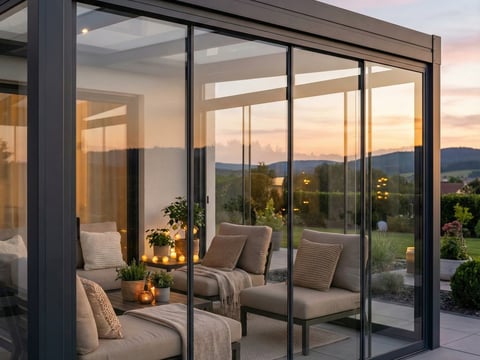 Aluminium-Terrassendach erweitert mit Glasschiebetüren zum geschützten Sommergarten