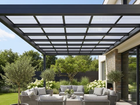 Terrassenüberdachung mit transparenten Stegplatten und Aluminium-Profilen