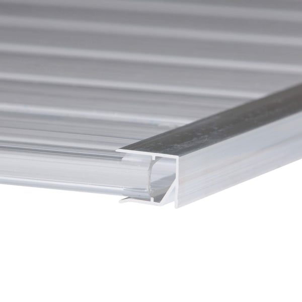 Abschlussprofil Oberseite aus blankem Aluminium, 10 mm, Detailansicht an einer Platte