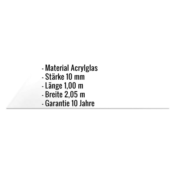 Infografik: Eckdaten der Acrylglas Massivplatte 10 mm, Material Acrylglas, Staerke 10 mm, Laenge 1,00 m, Breite 2,05 m