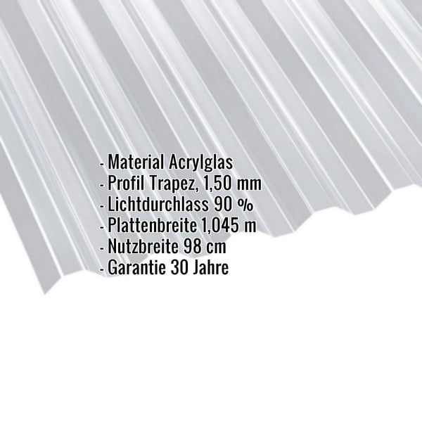 Acrylglas Spundwandplatte klar, 1,50 mm, mit eingeblendeten Eckdaten zu Material, Profil, Lichtdurchlass und Garantie