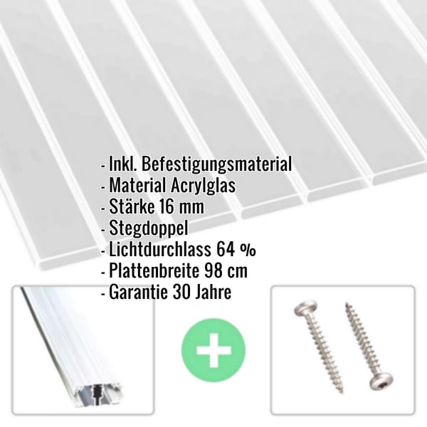 Acrylglas Stegdoppelplatte | 16 mm | Profil A1 | Sparpaket | Plattenbreite 98 cm | Klar | Breitkammer | Breite 4,09 m | Länge 2,00 m