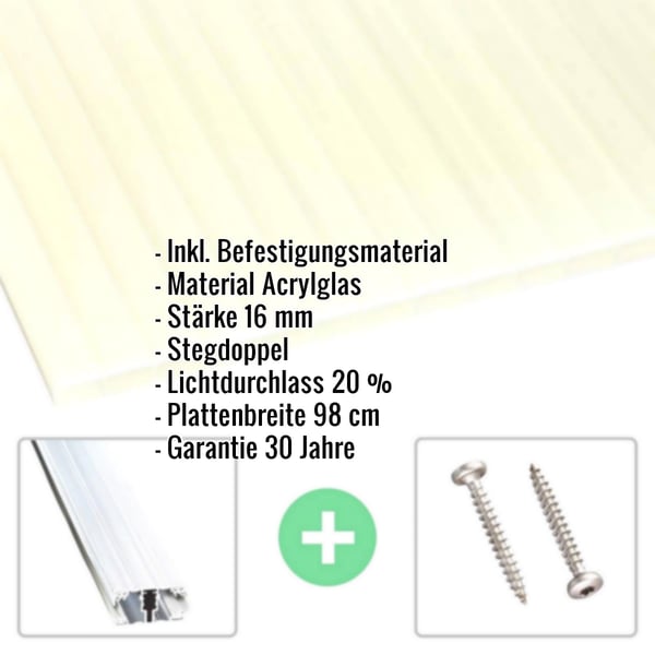 Acrylglas Stegdoppelplatte | 16 mm | Profil A1 | Sparpaket | Plattenbreite 98 cm | Opal Weiß / Gold | Breite 9,13 m | Länge 2,00 m