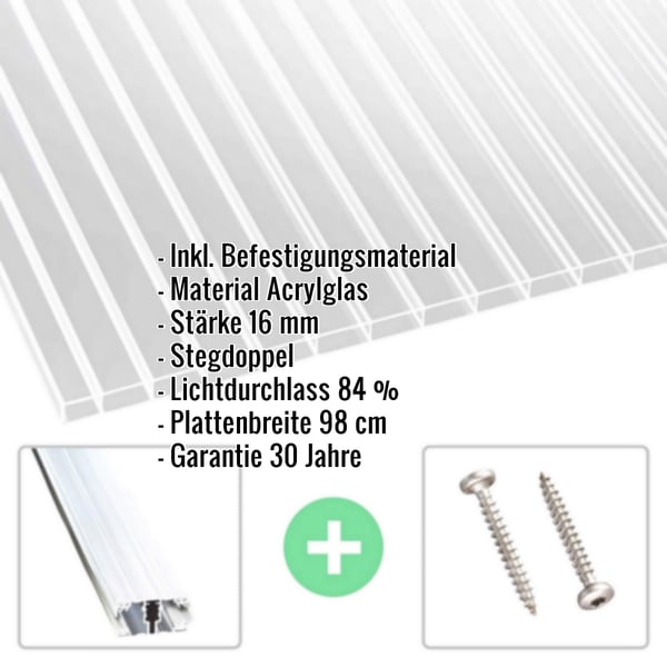 Acrylglas Stegdoppelplatte | 16 mm | Profil A1 | Sparpaket | Plattenbreite 98 cm | Klar | Breite 4,09 m | Länge 2,00 m