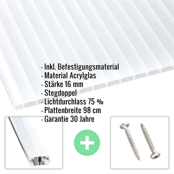 Acrylglas Stegdoppelplatte | 16 mm | Profil A1 | Sparpaket | Plattenbreite 98 cm | Opal Weiß | Breite 9,13 m | Länge 2,00 m