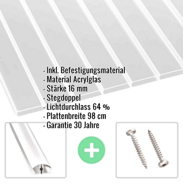 Acrylglas Stegdoppelplatte 16 mm klar, mit eingeblendeten Eckdaten und Befestigungsmaterial