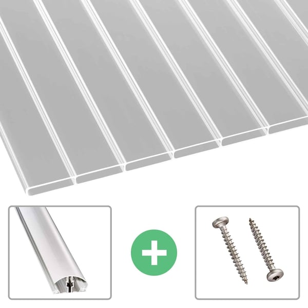 Acrylglas Stegdoppelplatte 16 mm klar, mit Profil A4 und Zubehör wie Abschlussprofil und Schrauben