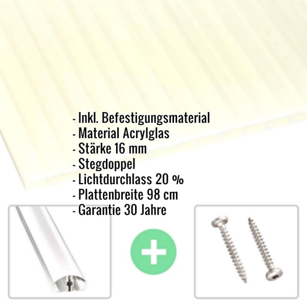 Acrylglas Stegdoppelplatte 16 mm gold-opal, mit eingeblendeten Eckdaten und Befestigungsmaterial