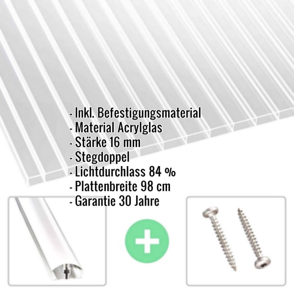 Acrylglas Stegdoppelplatte | 16 mm | Profil A4 | Sparpaket | Plattenbreite 98 cm | Klar | Breite 7,12 m | Länge 2,00 m