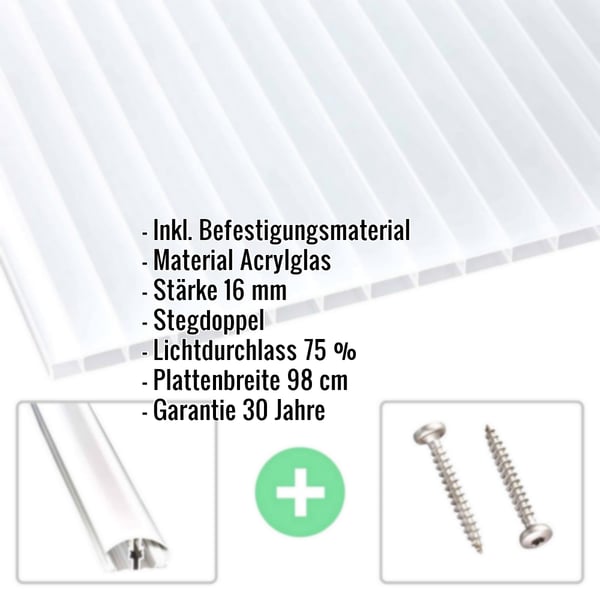 Acrylglas Stegdoppelplatte 16 mm opal-weiß mit eingeblendeten Eckdaten und Zubehör