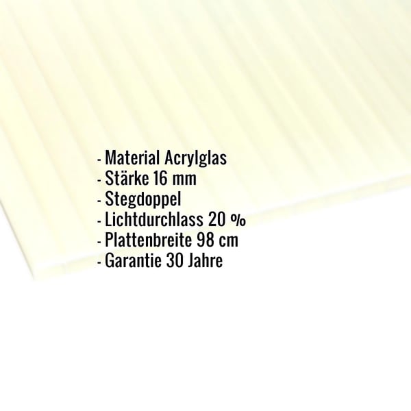 Acrylglas Stegdoppelplatte 16 mm gold-opal mit eingeblendeten Eckdaten zu Material, Stärke und Lichtdurchlass