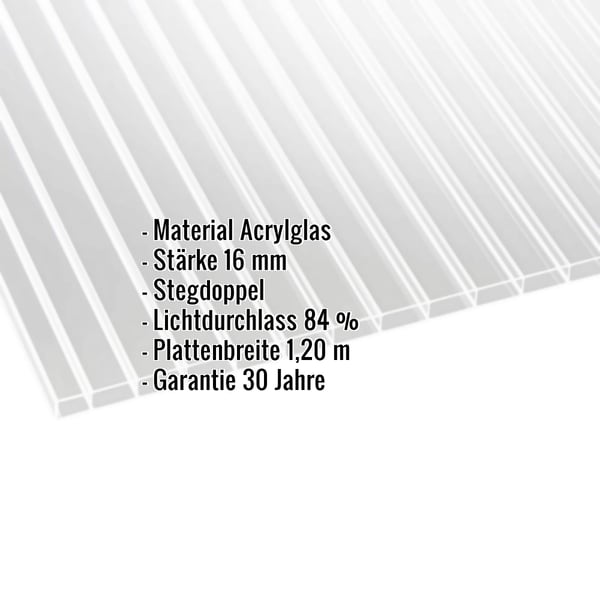 Acrylglas Stegdoppelplatte | 16 mm | Breite 1,20 m | Klar | 2,00 m
