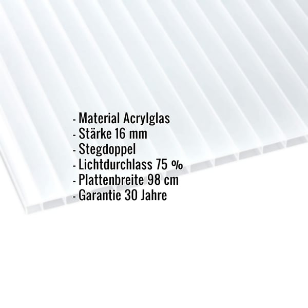 Acrylglas Stegdoppelplatte | 16 mm | Breite 98 cm | Opal Weiß | 6,00 m