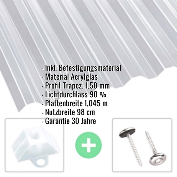 Acrylglas Wellplatte | 76/18 | Sparpaket | 1,50 mm | Klar | Breite 3,98 m | Länge 2,00 m