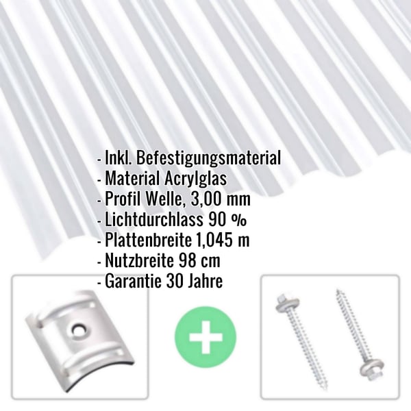 Acrylglas Wellplatte 76/18 klar 3,00 mm mit eingeblendeten Eckdaten und Befestigungsmaterial