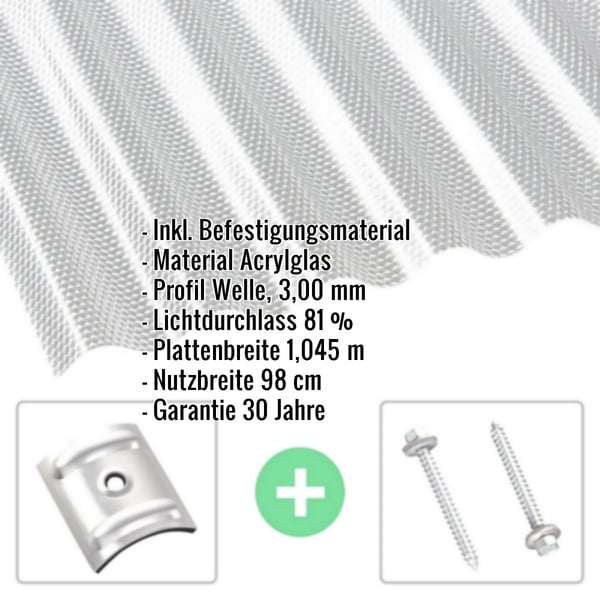 Acrylglas Wellplatte klar, 3,00 mm, mit eingeblendeten Produktdetails und Befestigungsmaterial