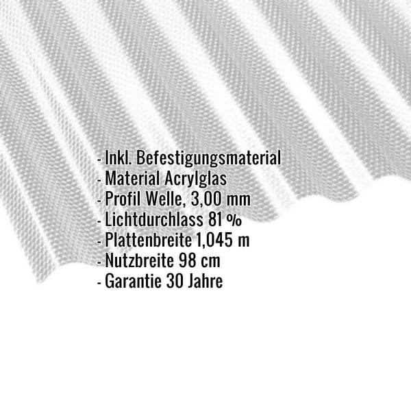 Acrylglas Wellplatte 76/18 klar, 3,00 mm, mit eingeblendeten Eckdaten zu Material, Profil, Lichtdurchlass und Garantie