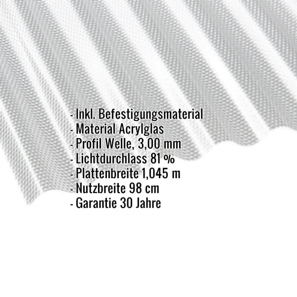 Acrylglas Wellplatte 76/18 klar, 3,00 mm mit eingeblendeten Eckdaten zu Material, Profil und Garantie
