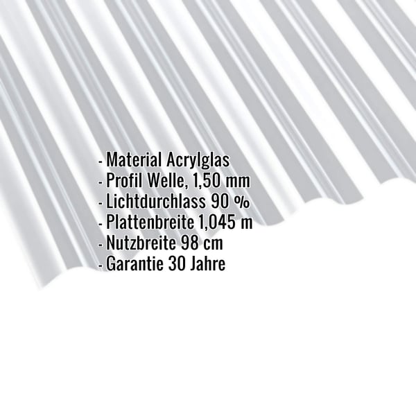 Acrylglas Wellplatte klar 1,50 mm, mit eingeblendeten technischen Daten und Eigenschaften