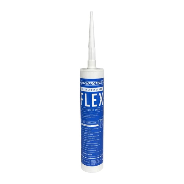 DACHPROTECT Anschlusskleber Flex, schwarzer Klebstoff in weisser Kartusche mit blauem Etikett, Hauptansicht