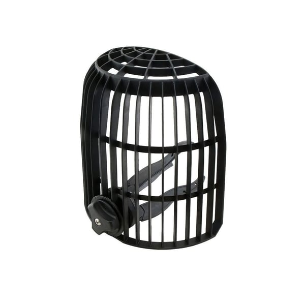 Attika Kiesfangkorb aus schwarzem PVC, Hauptansicht mit seitlicher Verstellschraube und Halteklammern