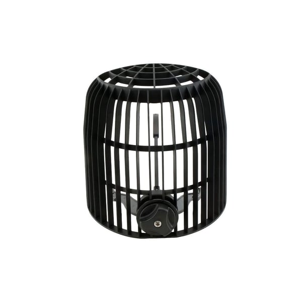 Attika Kiesfangkorb aus schwarzem PVC, Vorderansicht mit Verstellschraube und Halteklammern