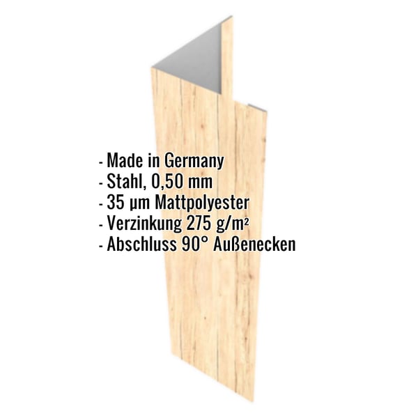 Außenecke Ahorn 0,50 mm Stahl mit 35 µm Mattpolyester Beschichtung, Eckdaten eingeblendet