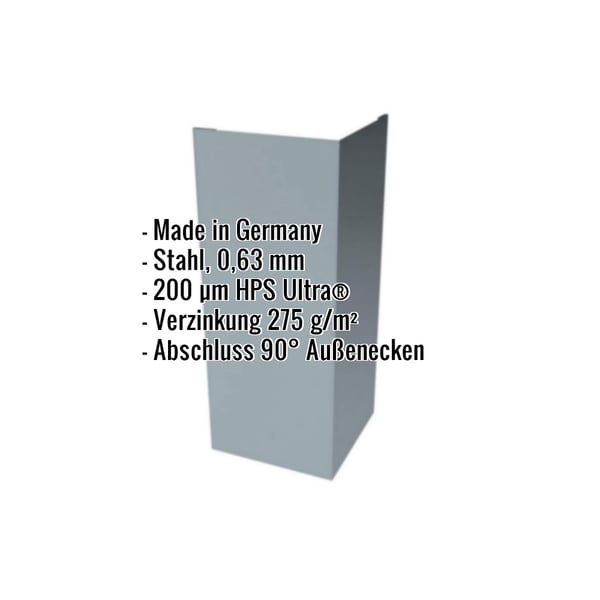Außenecke aus Stahl, Fenstergrau RAL 7040, 0,75 mm, mit eingeblendeten Eckdaten