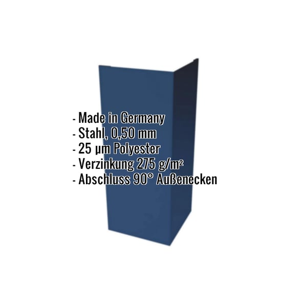Außenecke aus Stahl, Enzianblau (RAL 5010), 0,50 mm, mit eingeblendeten Eckdaten