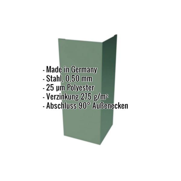 Außenecke Stahl 0,50 mm Moosgrün RAL 6005, 25 µm Polyester, mit eingeblendeten Eckdaten
