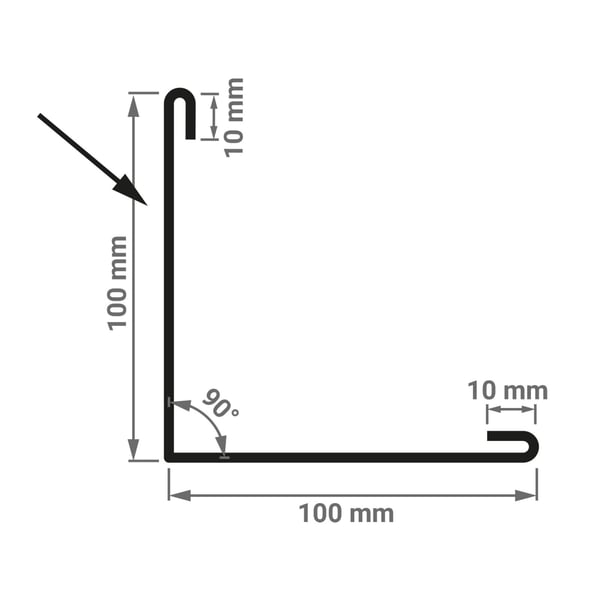 Technische Zeichnung der Außenecke 100 mm x 100 mm mit 90° Winkel und 10 mm Abkantung