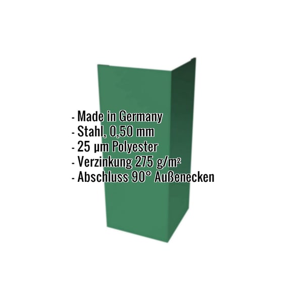 Außenecke aus minzgrünem Stahl, 0,50 mm, mit Polyesterbeschichtung und eingeblendeten Produktdaten