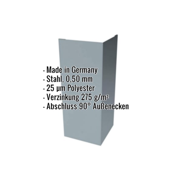 Außenecke aus fehgrauem Stahl, 0,50 mm, mit Polyesterbeschichtung und eingeblendeten Eckdaten