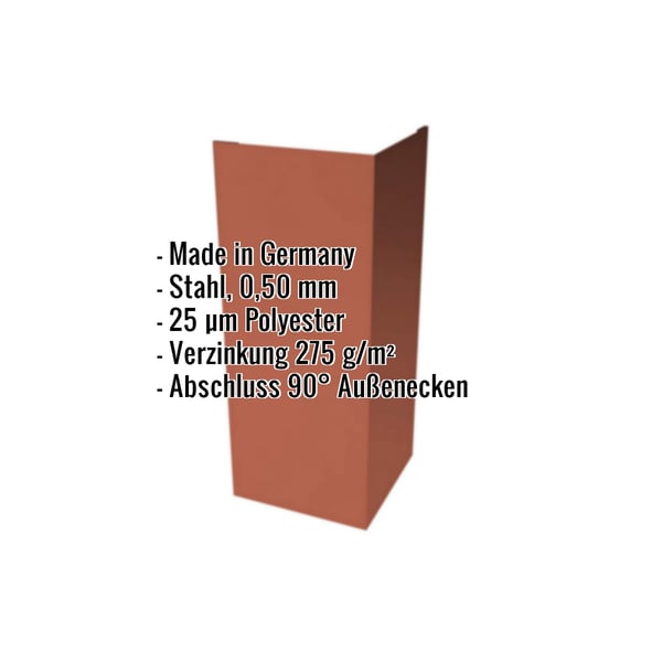 Außenecke aus kupferbraunem Stahl, 0,50 mm, mit Polyesterbeschichtung und eingeblendeten Produktdaten