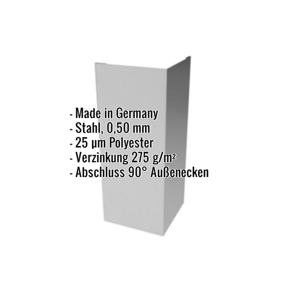 Außenecke aus Stahl, Weißaluminium RAL 9006, 0,50 mm, mit eingeblendeten Eckdaten