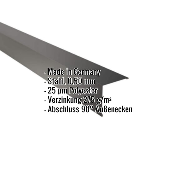 Außenecke Tiefschwarz RAL 9005 aus Stahl 0,50 mm, mit eingeblendeten Eckdaten