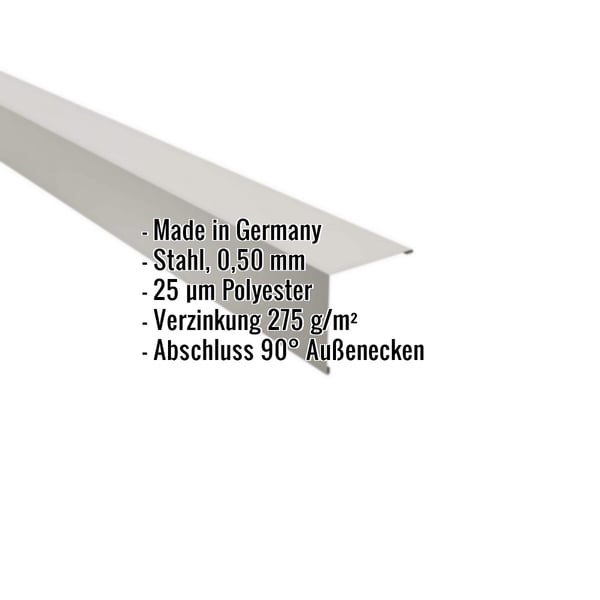 Außenecke aus Stahl, Weißaluminium RAL 9006, 0,50 mm Stärke mit eingeblendeten Eckdaten