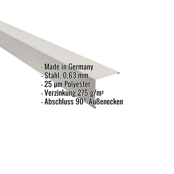 Außenecke Grauweiß (RAL 9002) aus Stahl 0,63 mm, 25 µm Polyesterbeschichtung, mit eingeblendeten Eckdaten