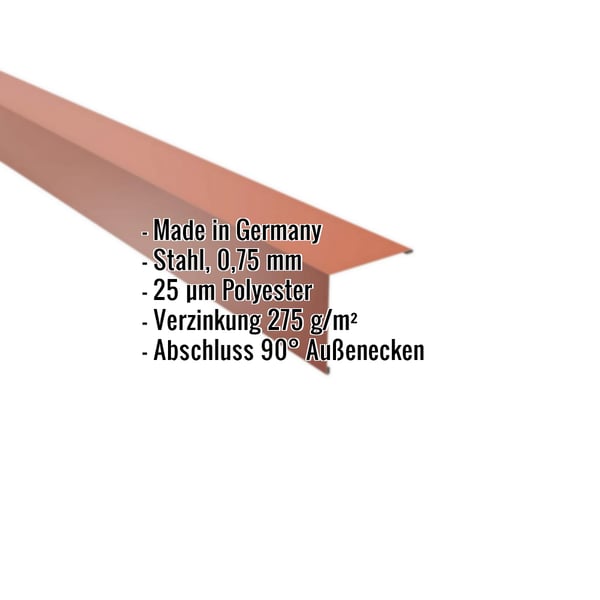 Außenecke aus Stahl, 0,75 mm, kupferbraun RAL 8004, 25 µm Polyesterbeschichtung, mit eingeblendeten Eckdaten