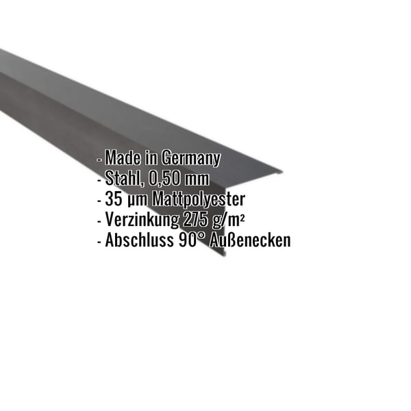 Außenecke aus Stahl, dunkelgrau, 0,50 mm, mit eingeblendeten Eckdaten zu Material und Beschichtung