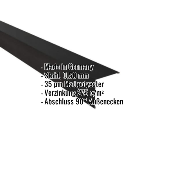 Außenecke aus schwarzem Stahl, 0,50 mm, mit 35 µm Mattpolyester Beschichtung, Eckdaten eingeblendet