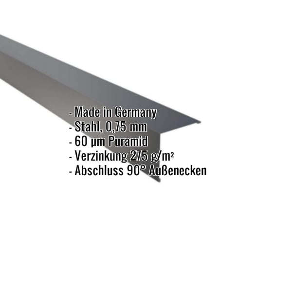 Außenecke Stahl 0,75 mm Anthrazitgrau mit Puramid Beschichtung, Eckdaten eingeblendet