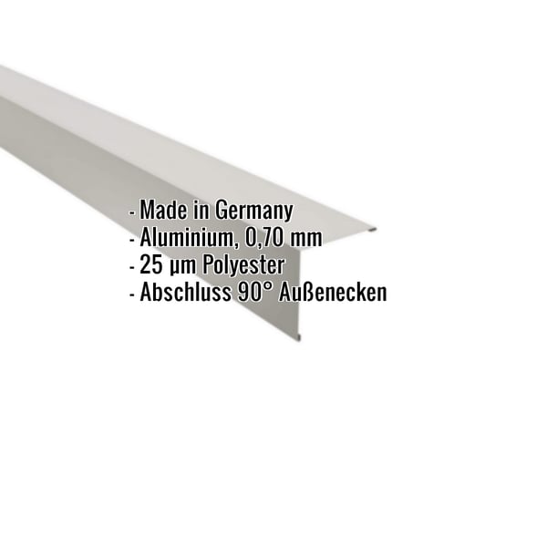 Außenecke Aluminium Weißaluminium 0,70 mm mit eingeblendeten Eckdaten zu Material und Beschichtung