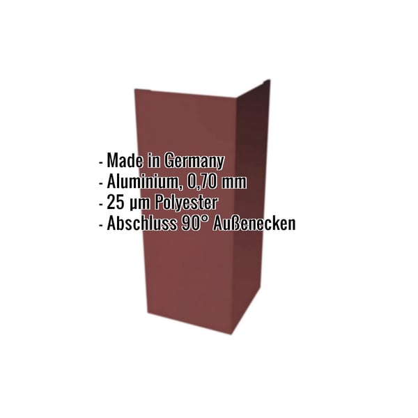 Außenecke Aluminium 0,70 mm Rotbraun RAL 8012, mit eingeblendeten Eckdaten zu Material und Beschichtung