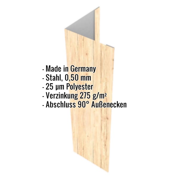 Außenecke Stahl Ahorn 0,50 mm, mit eingeblendeten Eckdaten zu Material und Beschichtung