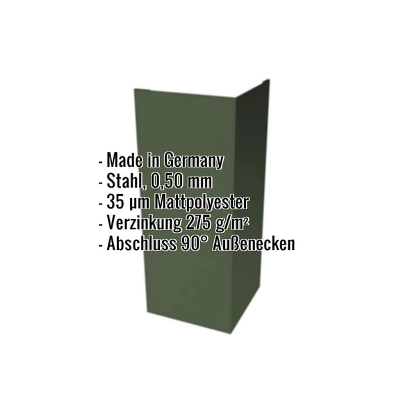 Außenecke aus Stahl, 0,50 mm, mattgrün, mit eingeblendeten Eckdaten zu Material und Beschichtung