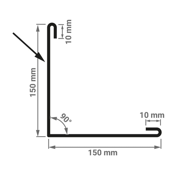 Technische Zeichnung Außenecke 150x150 mm, 90 Grad Winkel, 10 mm Abkantung