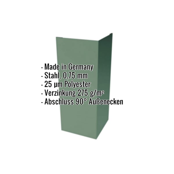 Außenecke Stahl Moosgrün mit eingeblendeten Eckdaten: Made in Germany, 0,75 mm, 25 µm Polyester, Verzinkung, 90° Abschluss